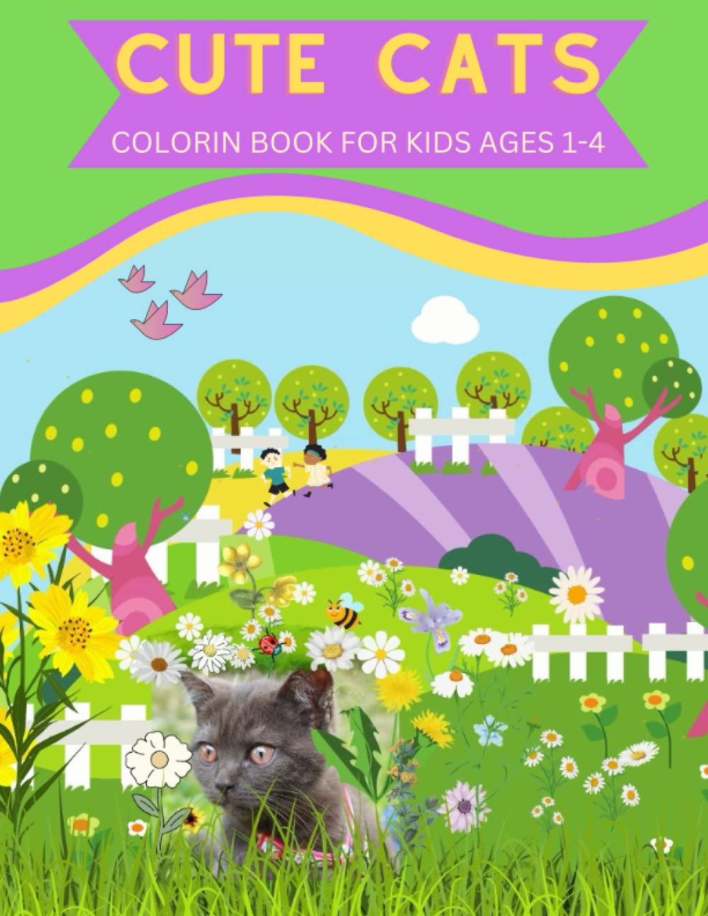 Cute Cats Coloring Book for Kids cover with playful cat illustrations