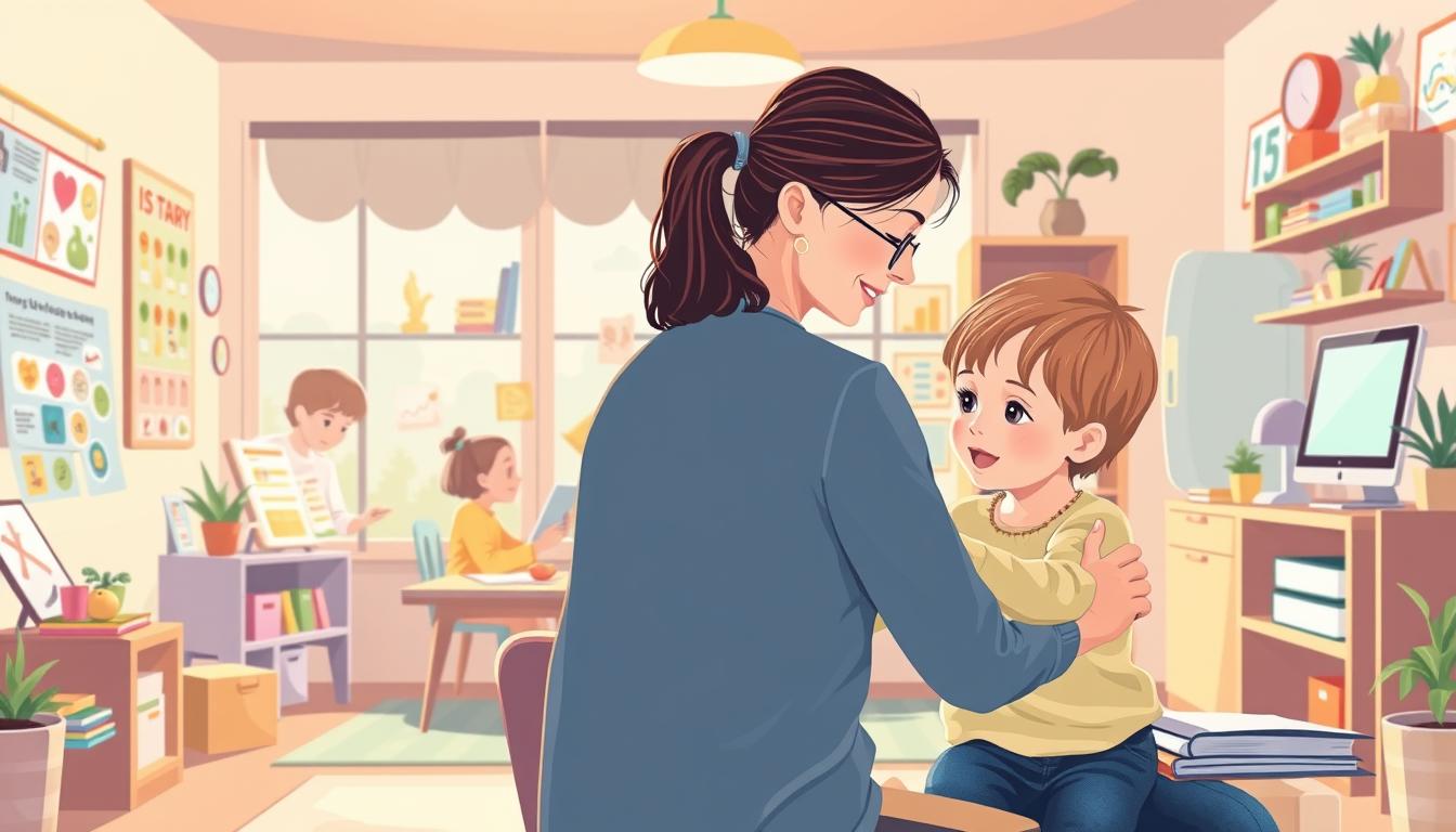 ADHS Lernhilfen für Kinder - Kind mit ADHS im Gespräch mit Lehrerin über strukturierte Lernunterstützung, Hausaufgaben und Konzentrationshilfen in der Schule