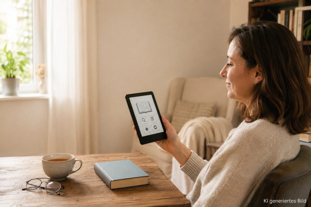 Frau sitzt in einer gemütlichen Leseecke und schaut auf einen E-Reader mit einfachen Symbolen für Bücher und Einstellungen.