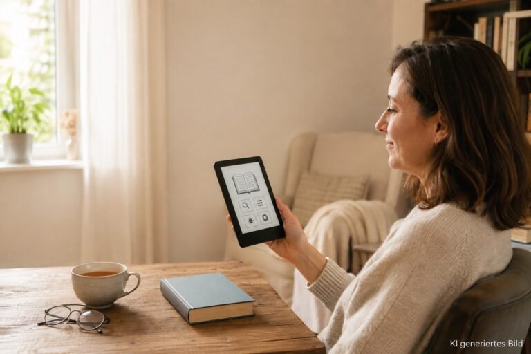 Frau sitzt in einer gemütlichen Leseecke und schaut auf einen E-Reader mit einfachen Symbolen für Bücher und Einstellungen.