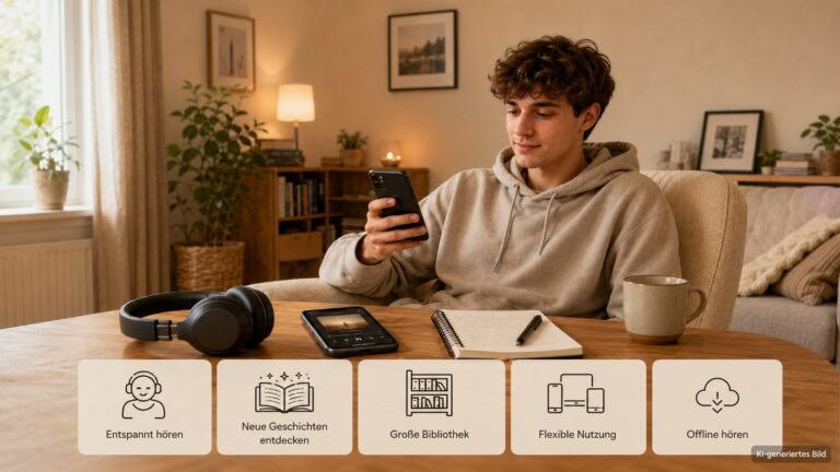 Junger Mann sitzt entspannt im Wohnzimmer und hört ein Hörbuch, während neutrale Symbolkarten verschiedene Hörtypen zeigen