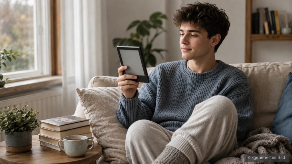 Junger Mann sitzt entspannt auf einem hellen Sofa und liest auf einem E-Reader in einer gemütlichen Wohnumgebung.