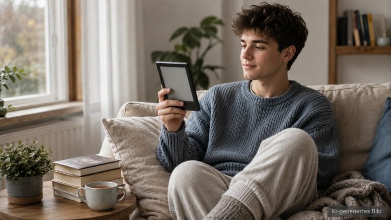 Junger Mann sitzt entspannt auf einem hellen Sofa und liest auf einem E-Reader in einer gemütlichen Wohnumgebung.