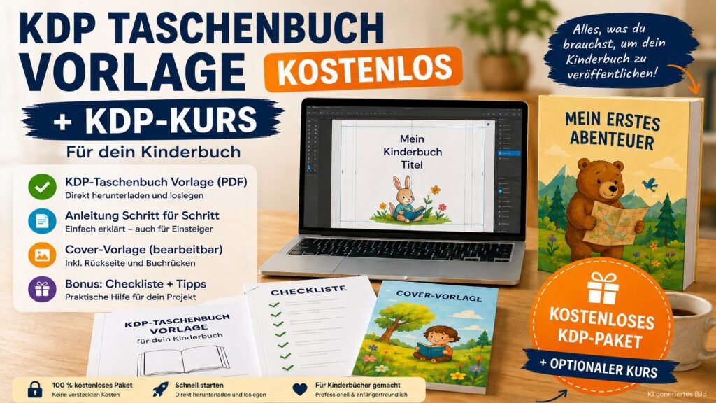 Breites Werbebanner für eine kostenlose KDP-Taschenbuch-Vorlage mit optionalem KDP-Kurs, Laptop, Checkliste und Kinderbuch-Cover