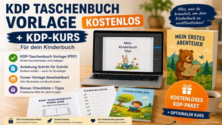 Breites Werbebanner für eine kostenlose KDP-Taschenbuch-Vorlage mit optionalem KDP-Kurs, Laptop, Checkliste und Kinderbuch-Cover