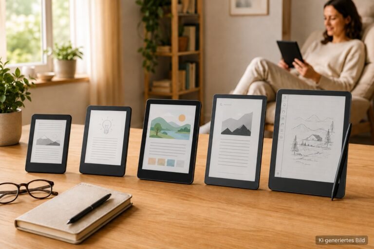 Mehrere E-Reader liegen nebeneinander auf einem Tisch, während im Hintergrund eine Frau in einer gemütlichen Leseecke ein Gerät nutzt.