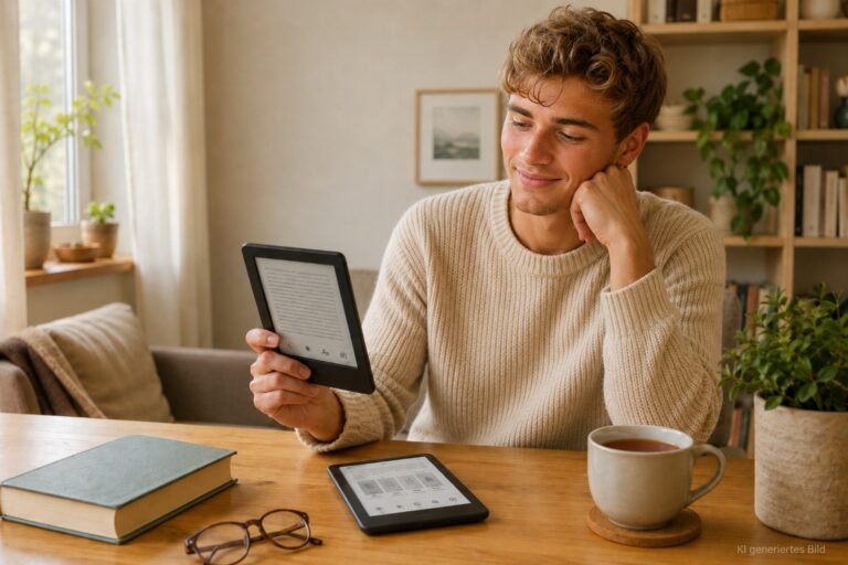 Junger Mann sitzt in einer gemütlichen Leseecke und vergleicht zwei E-Reader am Tisch