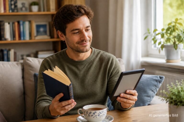 Junger Mann vergleicht ein gedrucktes Buch mit einem E-Book-Reader in einer gemütlichen Leseecke