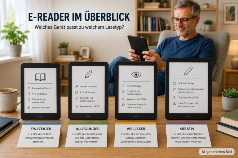 Mehrere Tolino-E-Reader stehen nebeneinander auf einem Tisch und zeigen einen Vergleich der Modelle Page, Shine, Vision und Epos.