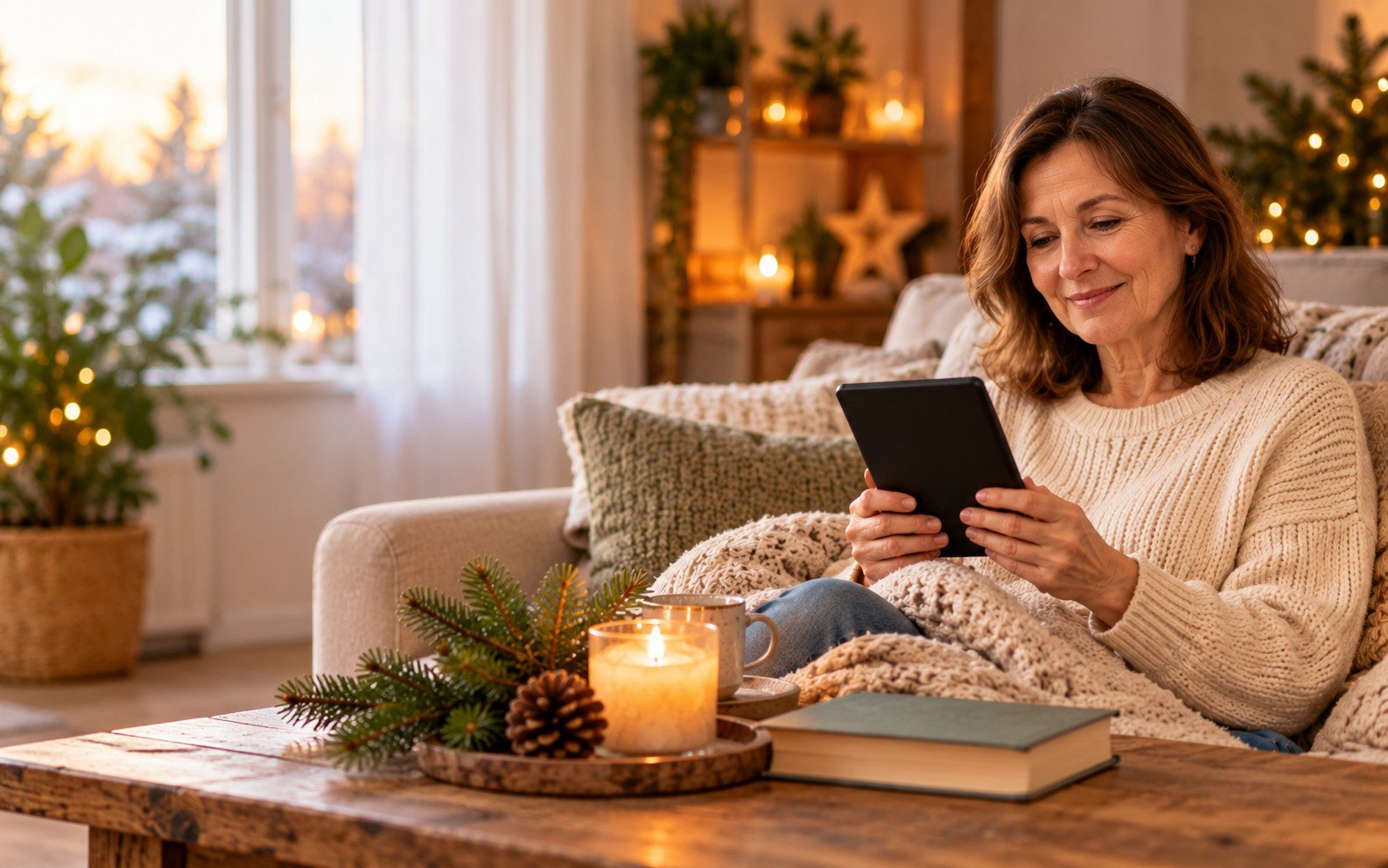 Frau liest entspannt zu Hause auf einem E-Reader, auf dem Tisch Kerze, Tannenzweig und Kaffeetasse